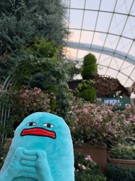Blob peeking up in front of a lush indoor garden under a glass dome