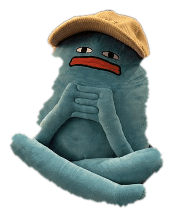 Blob: a turquoise plush blob with side-eye oval eyes, thick red lips and hands clasped in front, looking deeply unimpressed